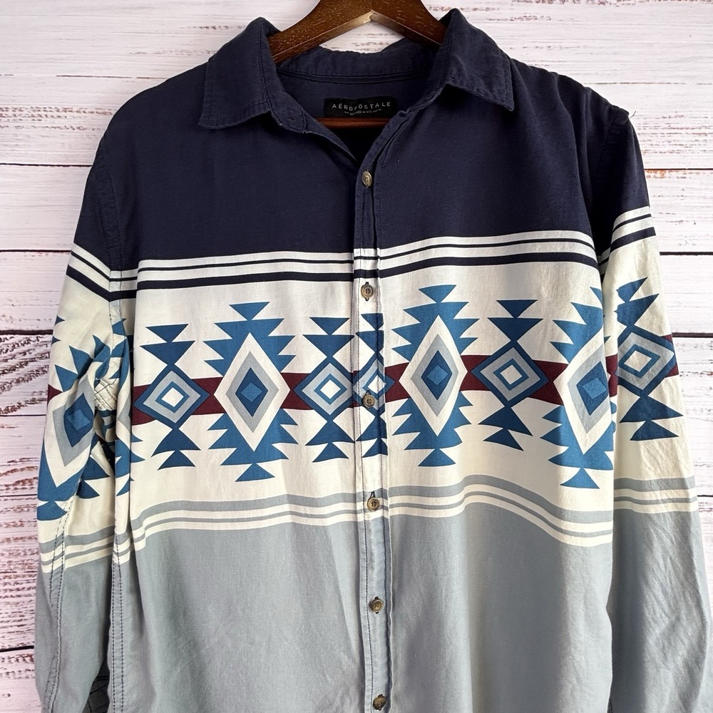 Aéropostale Button-Down Shirt M Aztec Southwestern Blue Geometric Colorblock